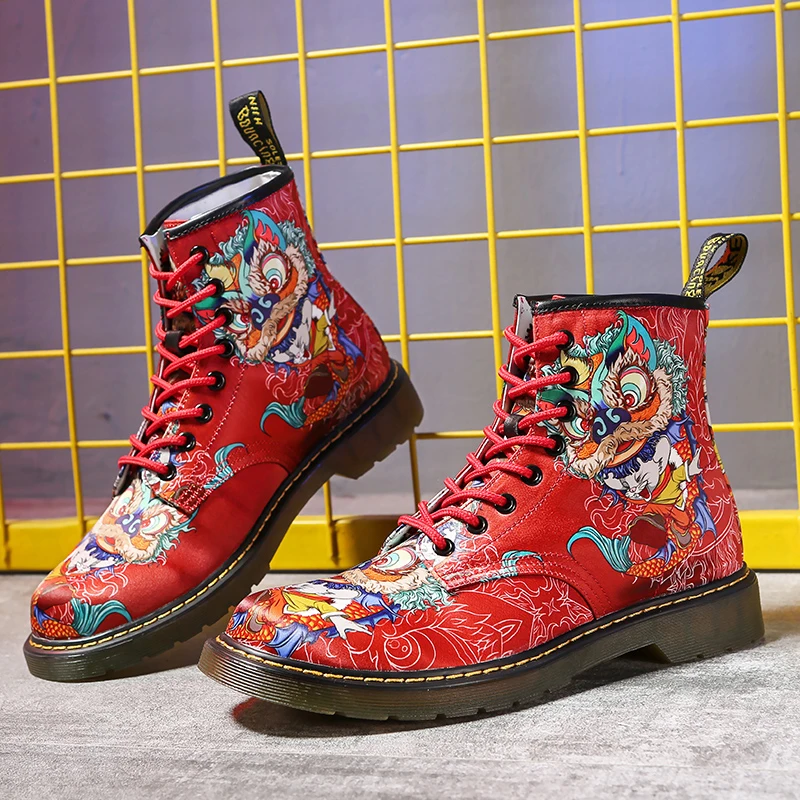 Chinese style [Kirin] printed red boots eight holes can not kick rotten canvas short boots men's national fashion tall work boot