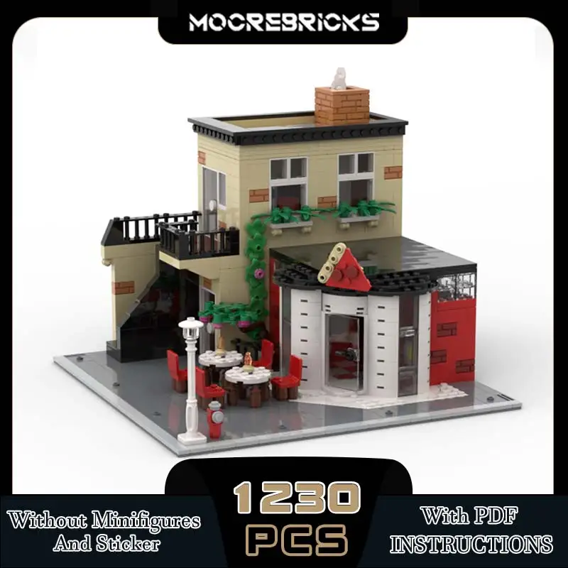 MOC- 206082   City Architecture Series Modulair De Pizza Shop Street View Hoekmodel Bouwstenen Bakstenen Kinderpuzzelspeelgoed