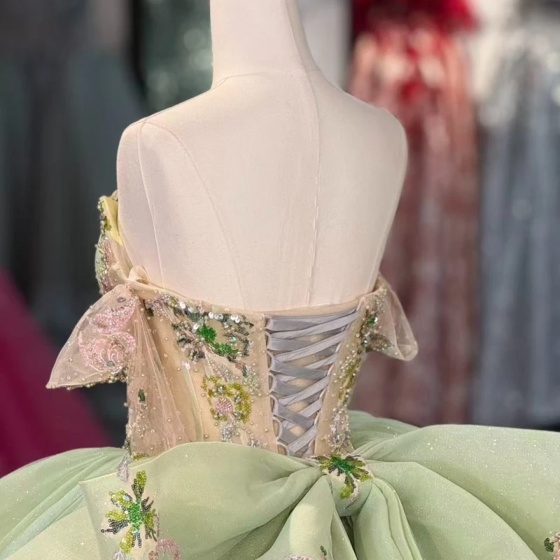 Light Green Shiny Quinceanera Dresses Off The Shoulder Sequin Applique Lace Beading Crystal Bow  Tull Corset Party Birthday Swee