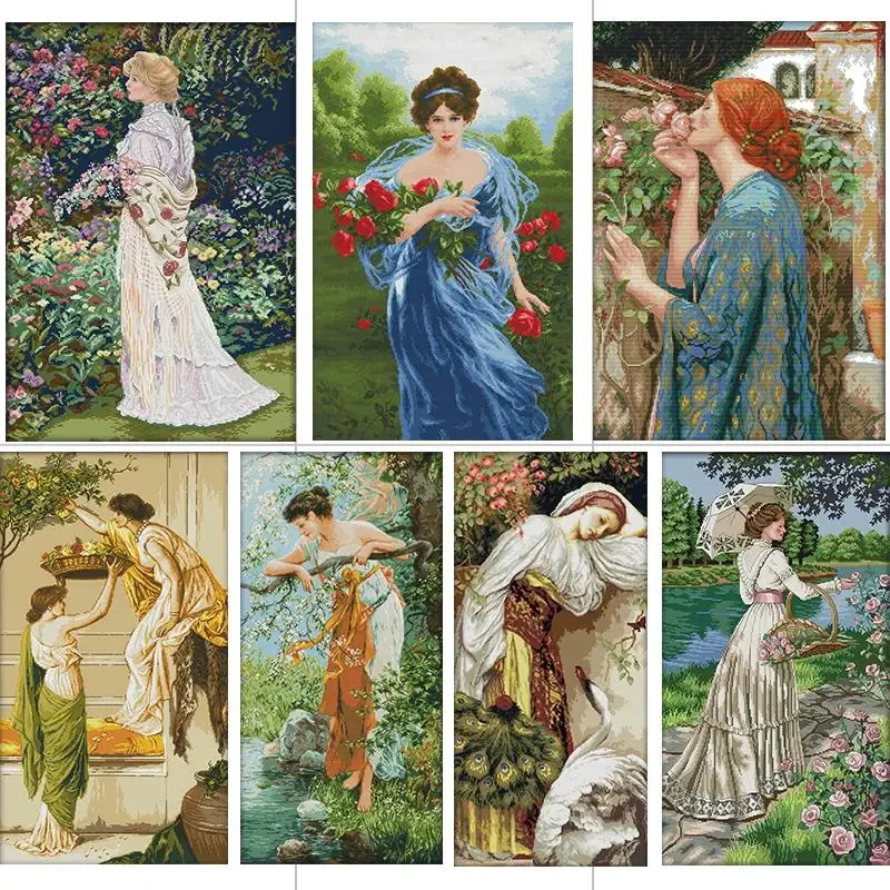 

Beautiful Women Series Joy Sunday Character Pattern Cross Stitch 14 16 11ct Canvas Printed Cloth Embroidery Kits DIY Home Decor