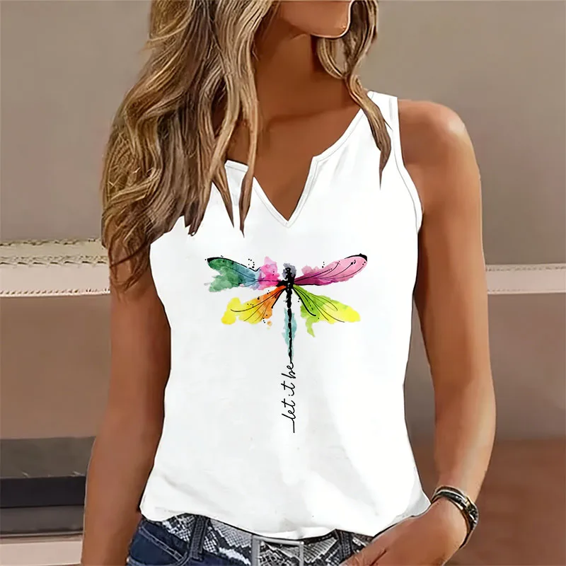 Retro Let It Be Butterfly Sleeveless Tank Top T-shirt V Neck Casual Vintage Vest T Shirts Women Short Sleeve Tee Shirt V-Neck
