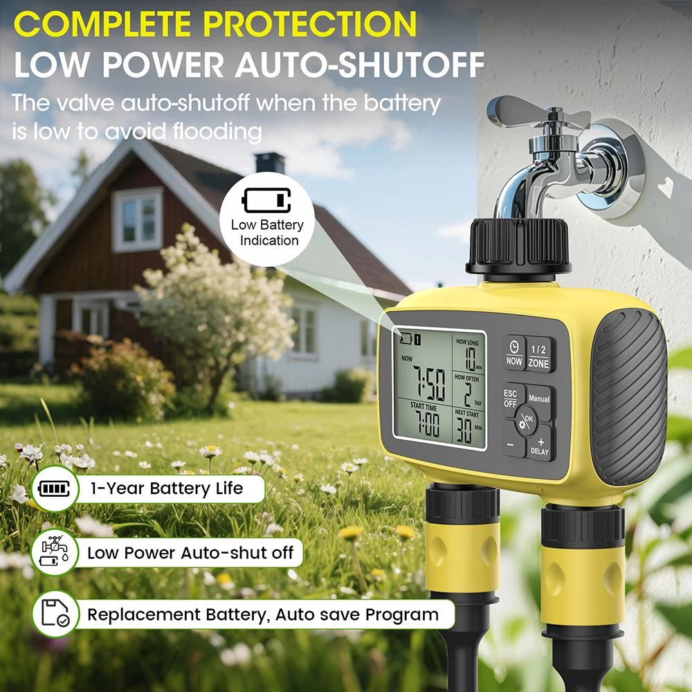 2 Outlets Digital Irrigation Timer Automatic Garden Flower Watering Timer Irrigation Control System Timed Sprinkler for Outdoor