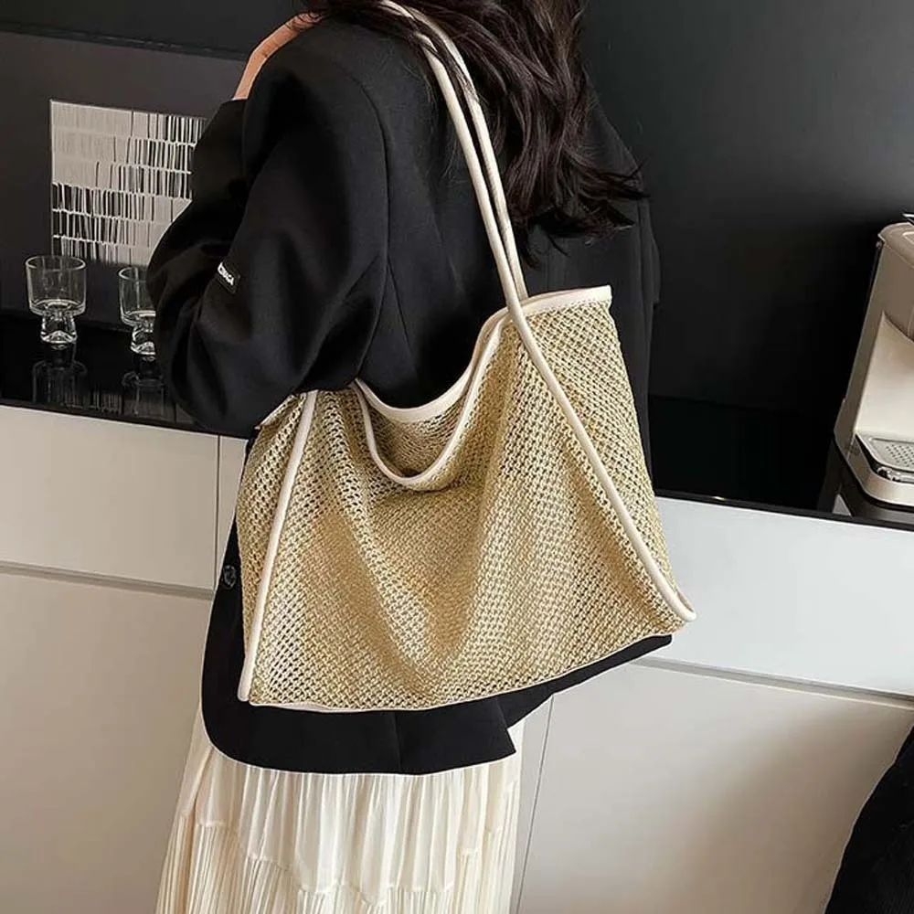 

Large Capacity Beach Hollow Composite Tote Lightweight Solid Color Straw Woven Shoulder Bag Polyester 2 In 1