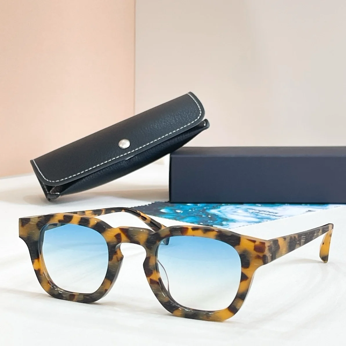 BINTAN Sunglasses for Men Women,Premium Acetate Square Frame,UV400 Gradient Blue Lens,Trendy Retro Tortoiseshell Eyewear