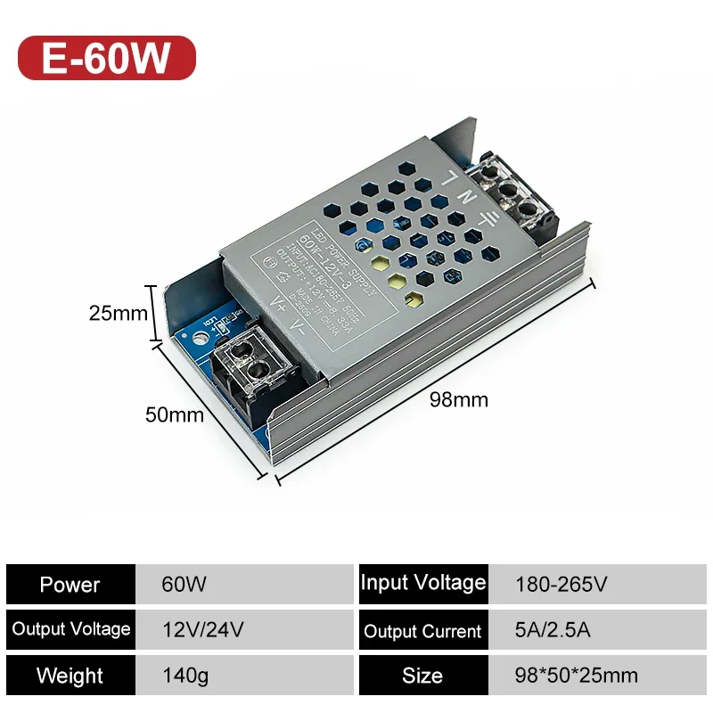 Transformateur de puissance de commutation de pilote de diode électroluminescente mince (LED) - 60 W 12 V 24 V AC220-240 V - Disponible en 100 W 150 W 200 W 300 W 4