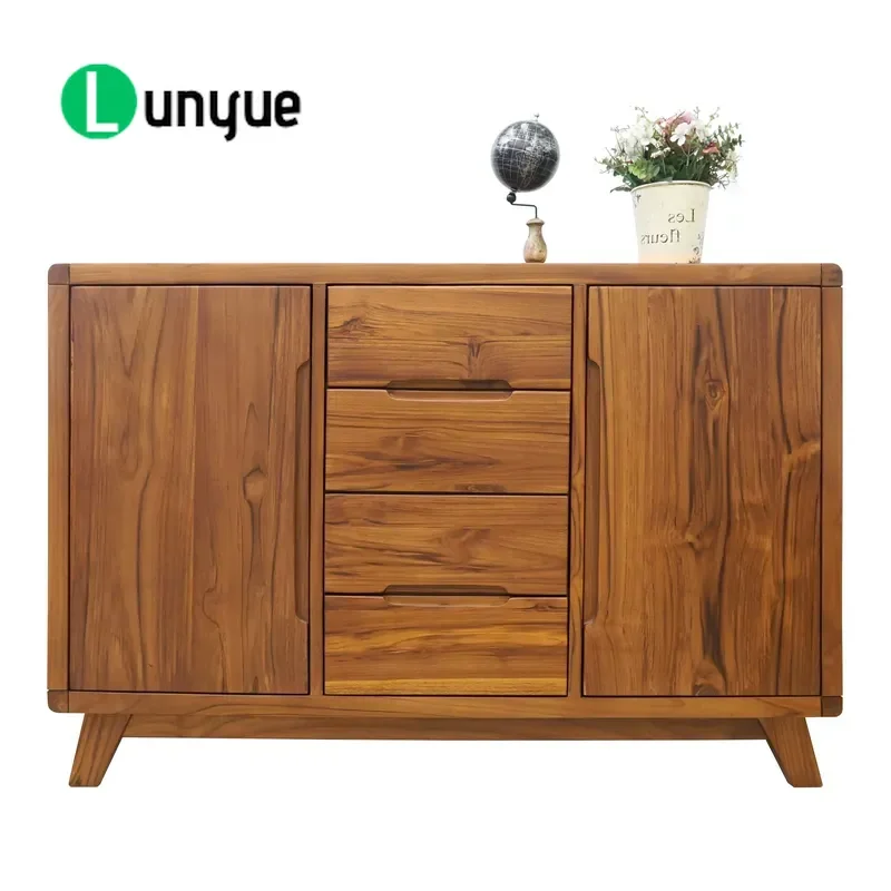 Nordic Style Teak Cabinet 2 Doors 4 Drawers Tapered Legs Modern Durable Sustainable Wood Storage Furniture for Living Room