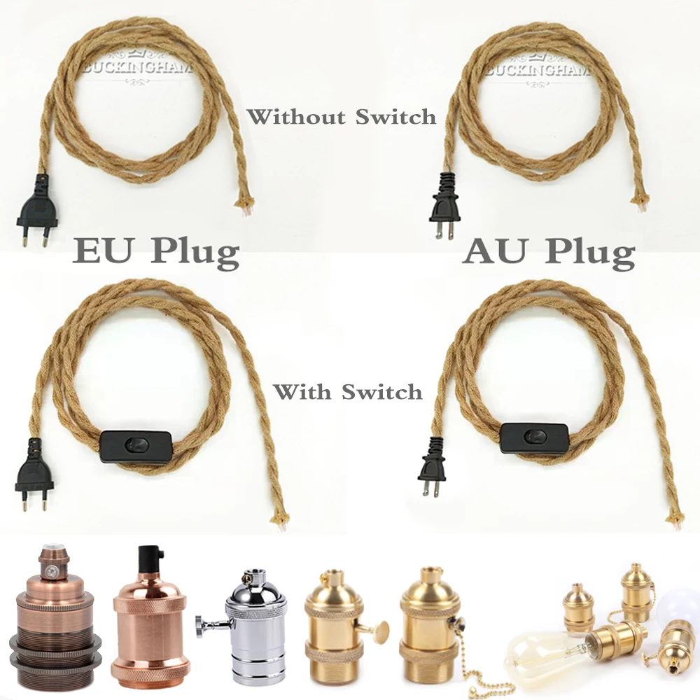 EU AU Plug 2M/3M Power Cord Pendant Lights Twist Rope Cables E27 Lamp Holder with ON/OFF Switch Wire Edison lamps Socket Cord