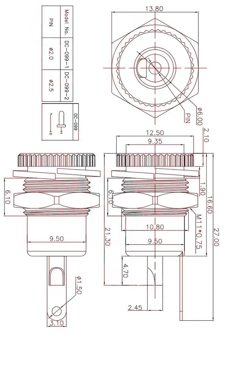 2 Stück DC-099 Stromanschluss Vollmetall-Ladebuchse 5,5*2,1/2,5 mm DC mit Mutterplatte – Detail 1