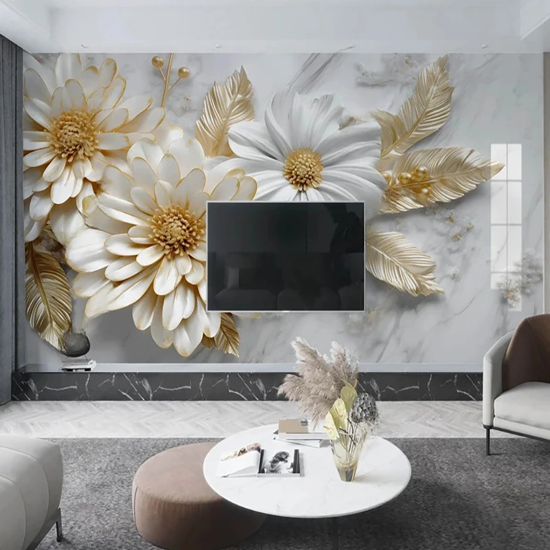 

Custom Photo Mural Wallpaper Home Decor White Simple Marble Gold Flowers Art Wall Painting Living Room TV Background Home Decor