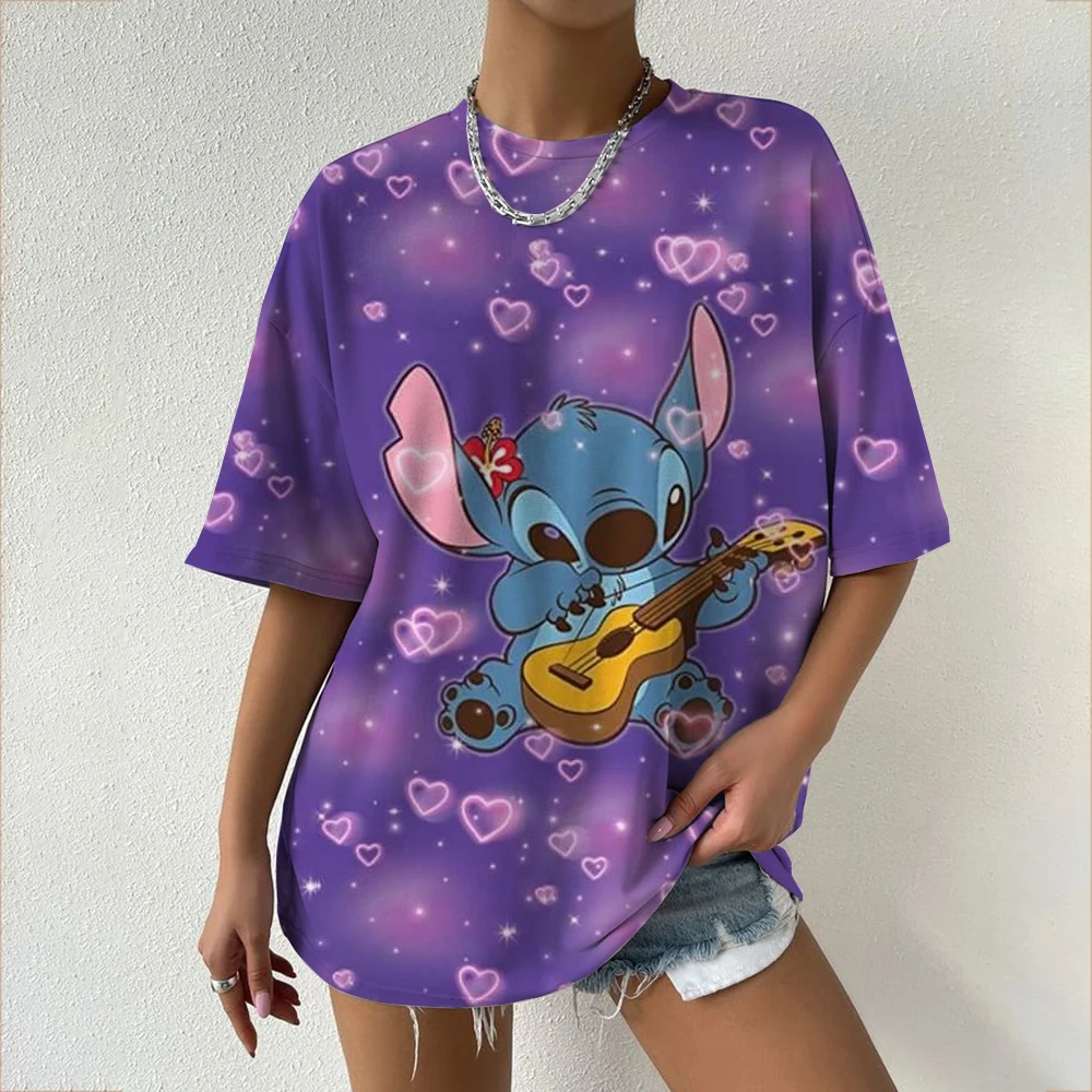 

Women's Disney Patterned T-shirt Summer and Autumn Loose Short Sleeved Stitch Guitar Heart-shaped Printed Casual Oversized Top