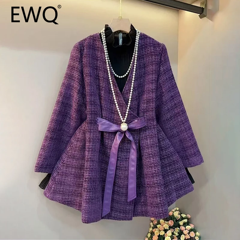 EWQ Patchwork Waist Cinching Lace-up Slimming Coat Contrasting Color Fake Two Pieces Women Jacket 2025 Spring Tide Purple Coats