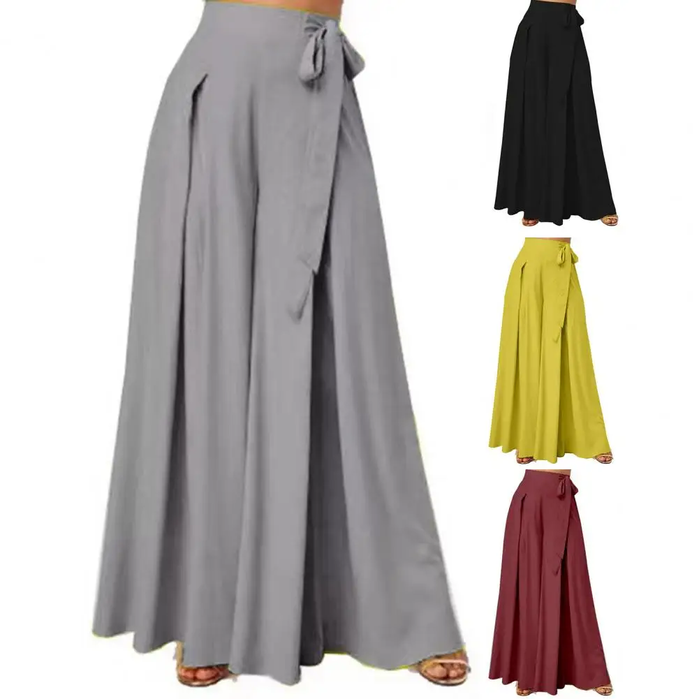 Pants Elegant Women's Wide Leg Lace-up Pants with High Waist Big Hem for or Dance Performance Solid Color Culottes Trousers