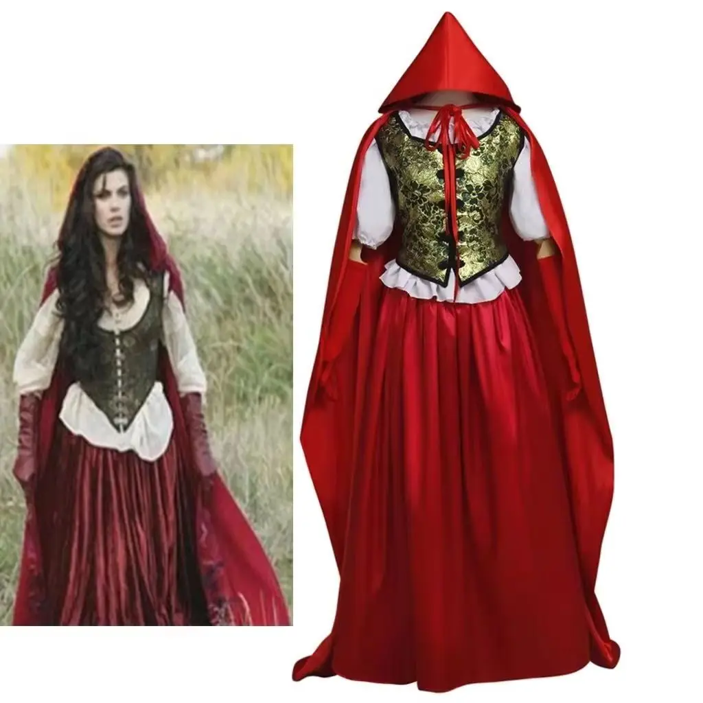 

Ruby Cosplay Red Costume Women Medieval Court Dress Uniform Suit with Hooded Cloak Halloween Carnival Party Queen Combat Gown