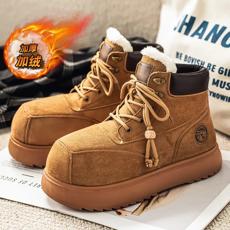 2025 남성용 하이탑 워크 부츠, 청키 플랫폼 라운드 토 겨울 아웃도어 하이킹 부츠, 키높이 캐주얼 컴뱃 부츠