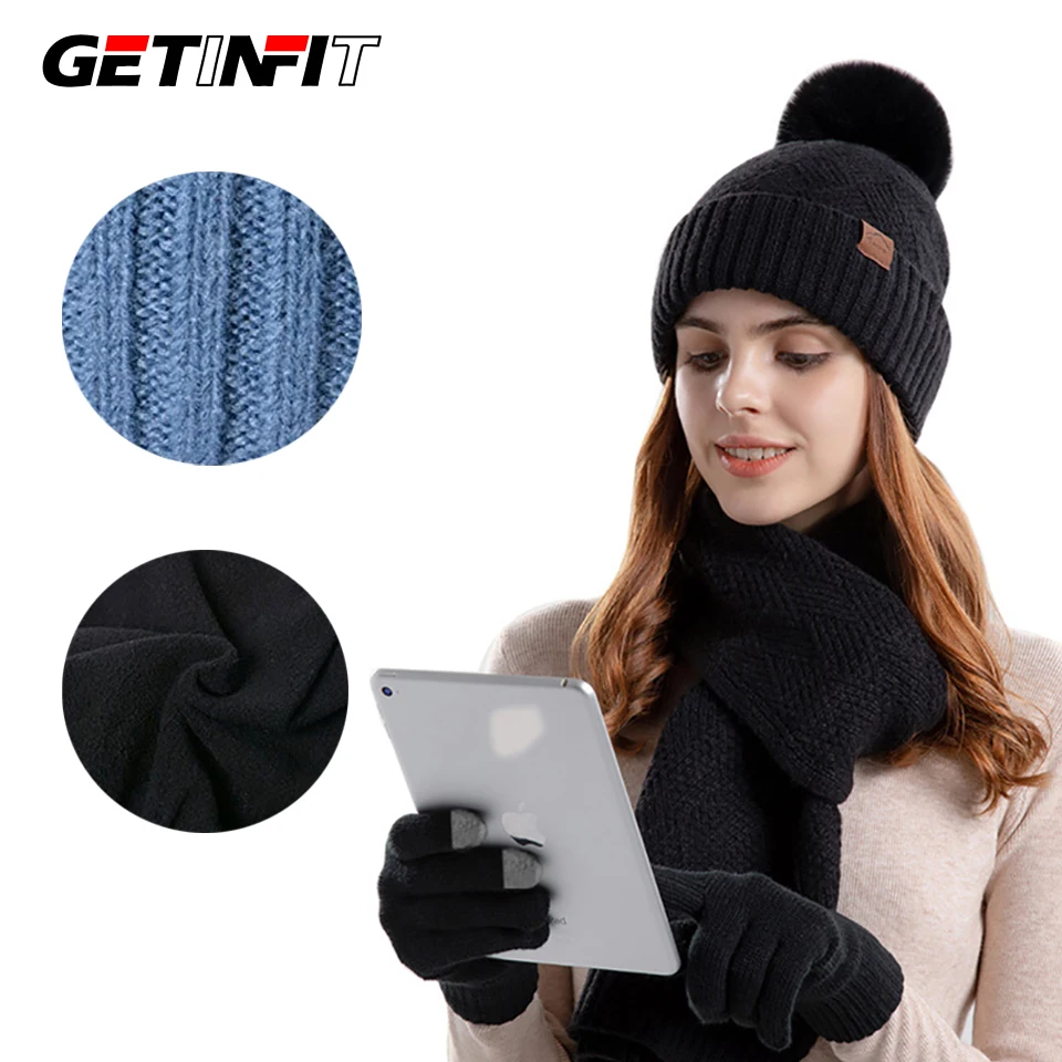 GETINFIT Cappello di lana lavorato a maglia invernale Cappello caldo da donna Sciarpa Guanti Set da tre pezzi Protezione per le orecchie Cappello con fascia Protezione invernale