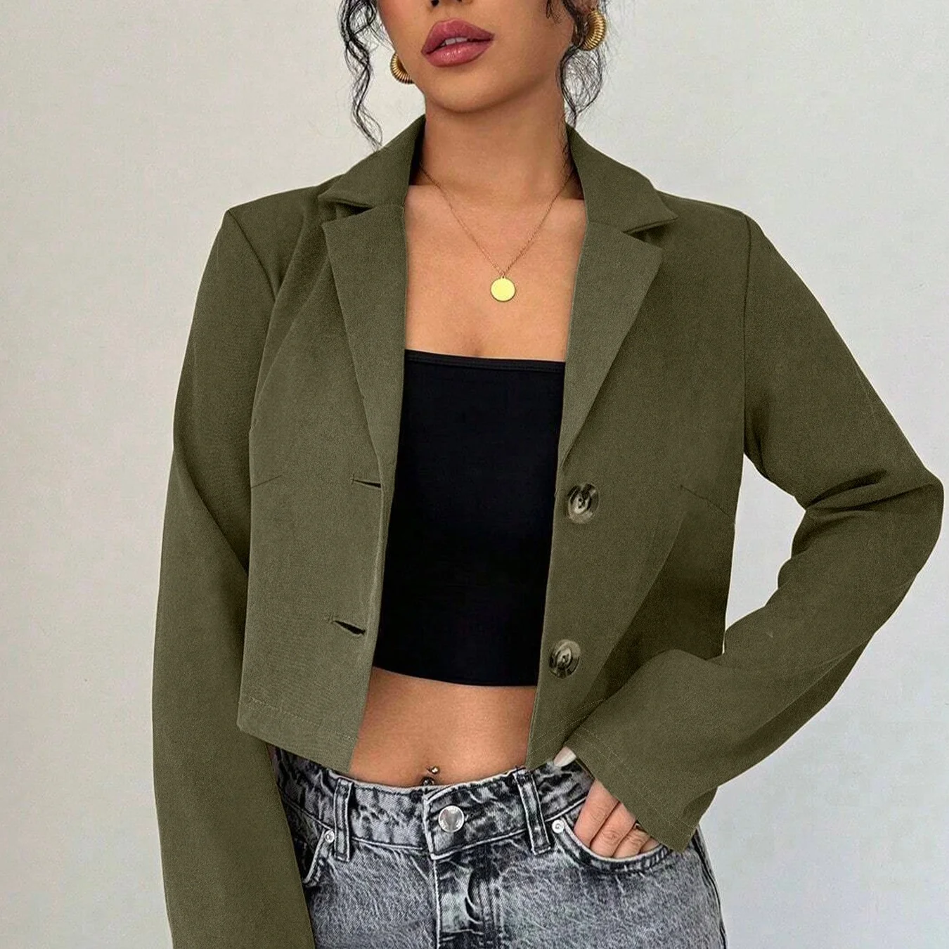 سترة نسائية لخريف 2025 للترفيه بتصميم عتيق باللون الأخضر الزيتوني الداكن مقصوصة بقصة ضيقة ومتعددة الاستخدامات للعمل/مزاج أنيق يوميًا #1