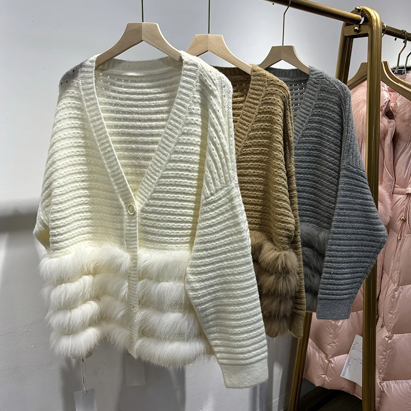 2025 weibliche Natürliche Fuchs Pelz Außerhalb Dekoration Mädchen Herbst Kamel Pullover Gestrickte Langarm Mantel