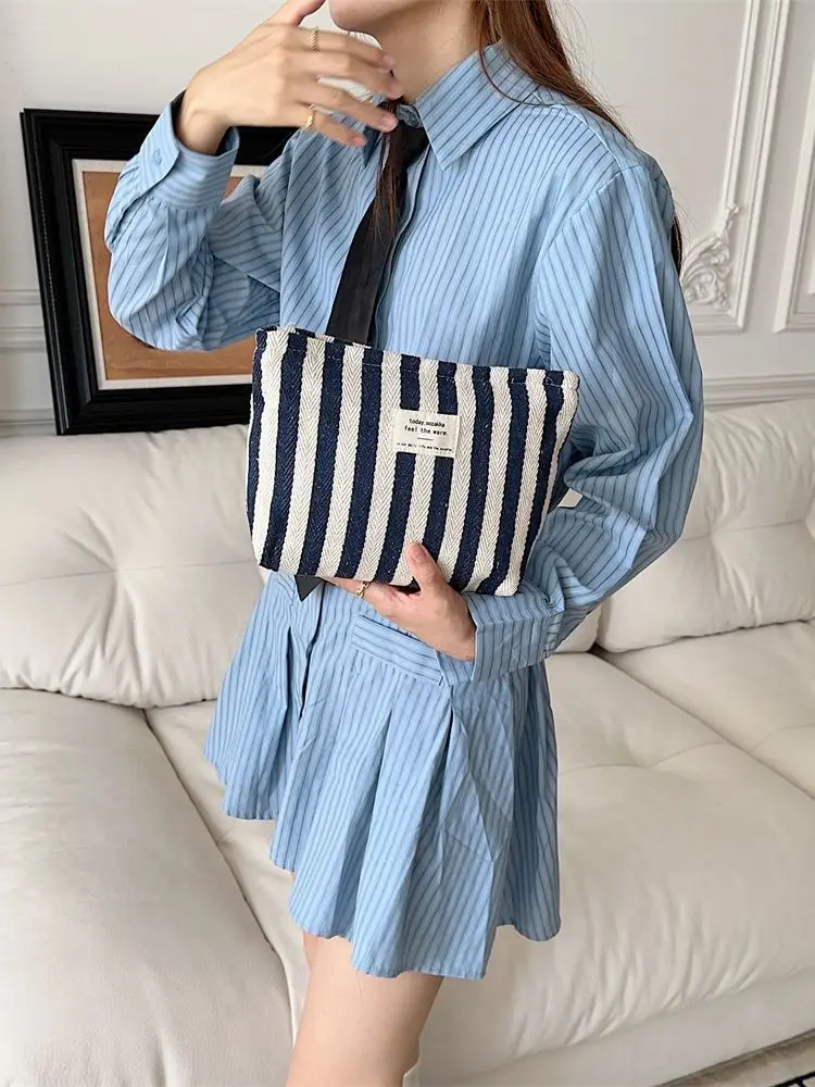 1Pc Simple Striped Canvas Cosmetic Bag For Women Large Capacity  Portable Handheld Makeup Case Travelling Bags For Ladies