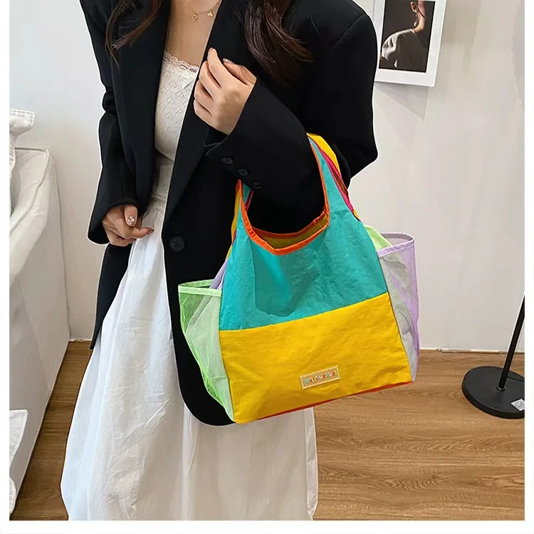 Dopamine Color Block Foldable Nylon Tote Bag Lightweight Waterproof Handbag with Side Mesh Open Pockets Reusable Shopping Bag fo