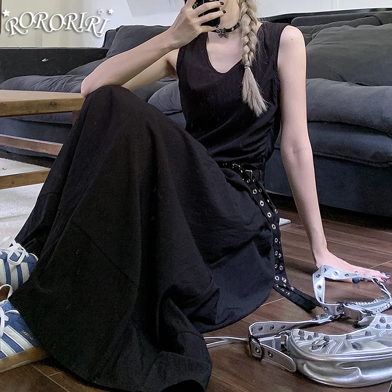 RORORIRI Multiple Belt Maxi Long Black Dress Women Summer Cotton Linen Plain Tank One-piece Casual Sundress Grunge Streetwear