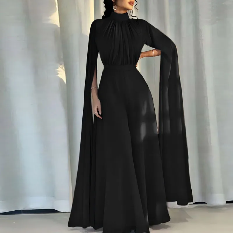

Women Standing Collar Long Sleeved Chiffon Jumpsuit New Autumn High Waist Wide Leg Playsuit Casual Solid Color Commuting Romper