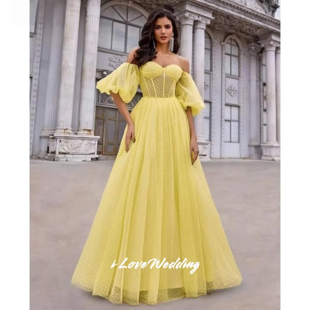 Yellow Sweetheart Prom Dresses 2025 Puff Sleeve A-Line Evening Dress Elegant Pleated Floor-Length Wedding Party Dress Customized