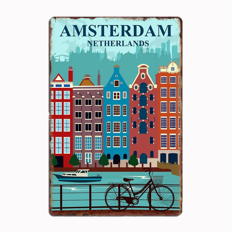 

Amsterdam Travel Poster Metal Poster Sign Club Custom Indoor Wall Tin Sign Room Decor Home Decor
