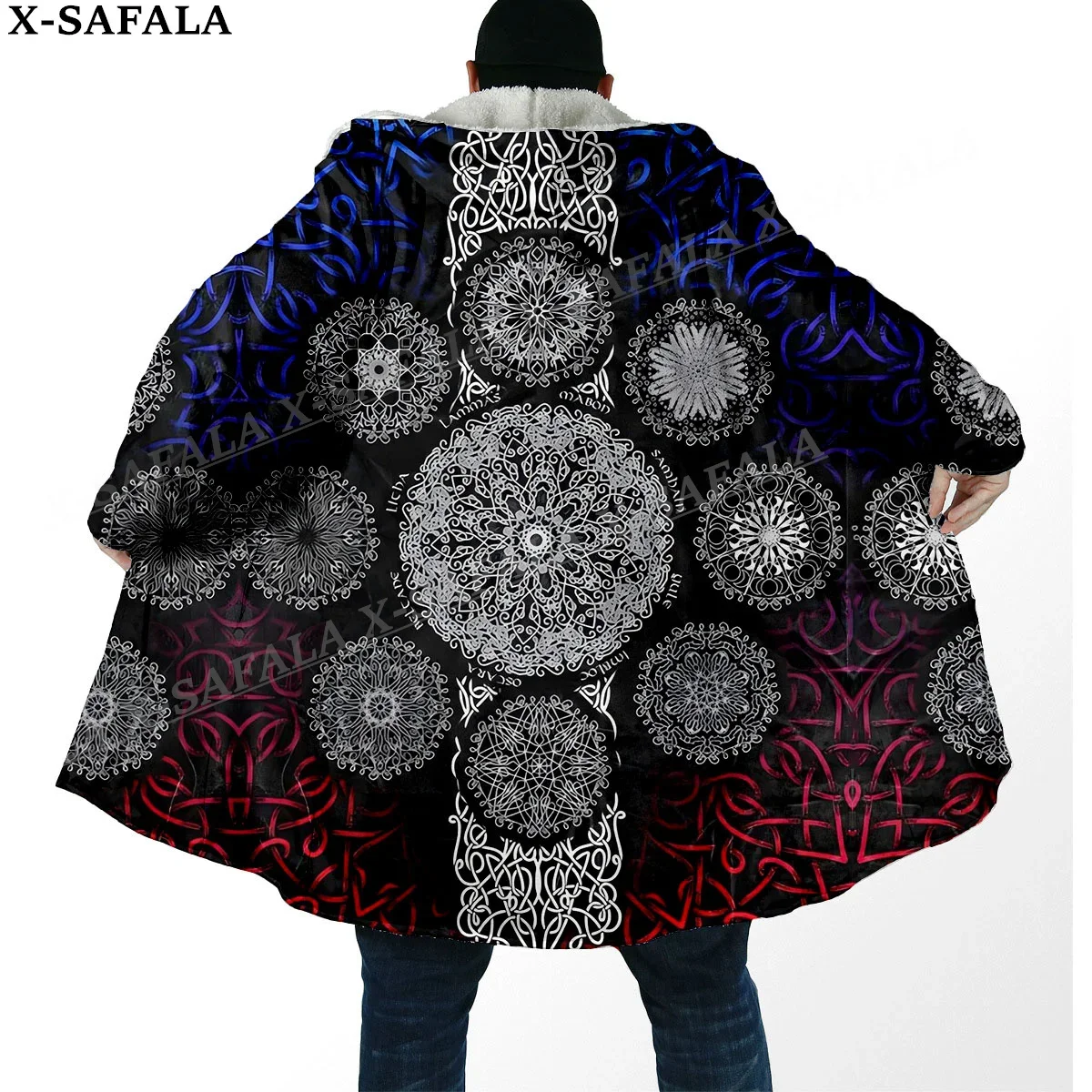 Mandala Trippy Psychedelic Colorful Arts Thick Warm Hooded Cloak Men Overcoat Coat Windproof Fleece Cape Robe Hooded Blanket-3