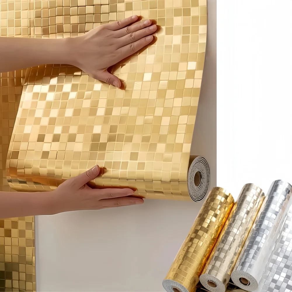 1PC Glitter Mirror Effect Mosaic Metallic Glitter Gold Foil Wall Paper Gold Foil Grid Wallpaper Luxury Background Wall Deco
