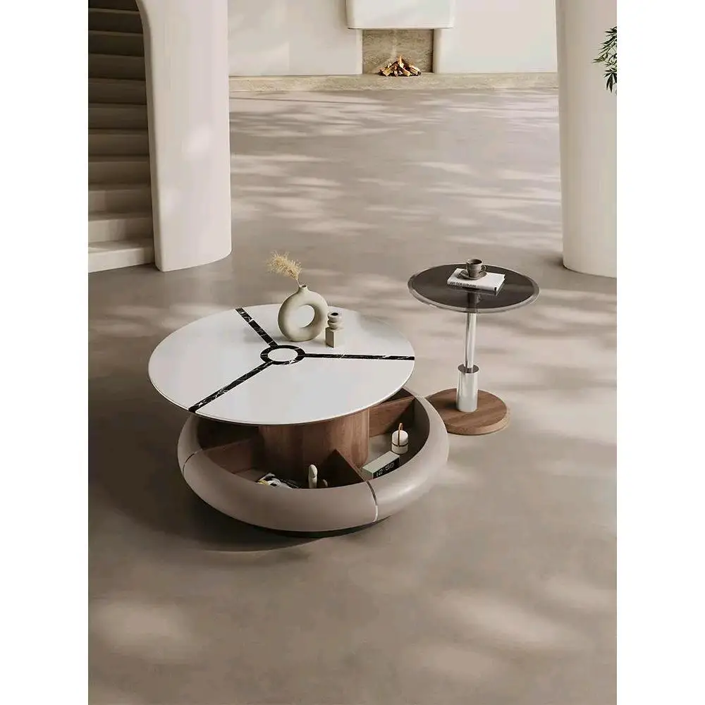 Italian light luxury rotating microcrystalline stone small apartment round coffee table combination, creamy minimalist