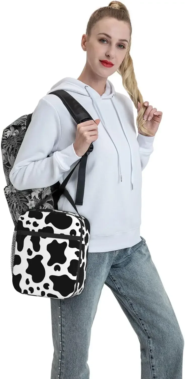 Black And White Cow Lunch Bag Insulated Reusable Lunch Box Cooler Totes with Side Pocket For Work Office Picnic Camping Travel