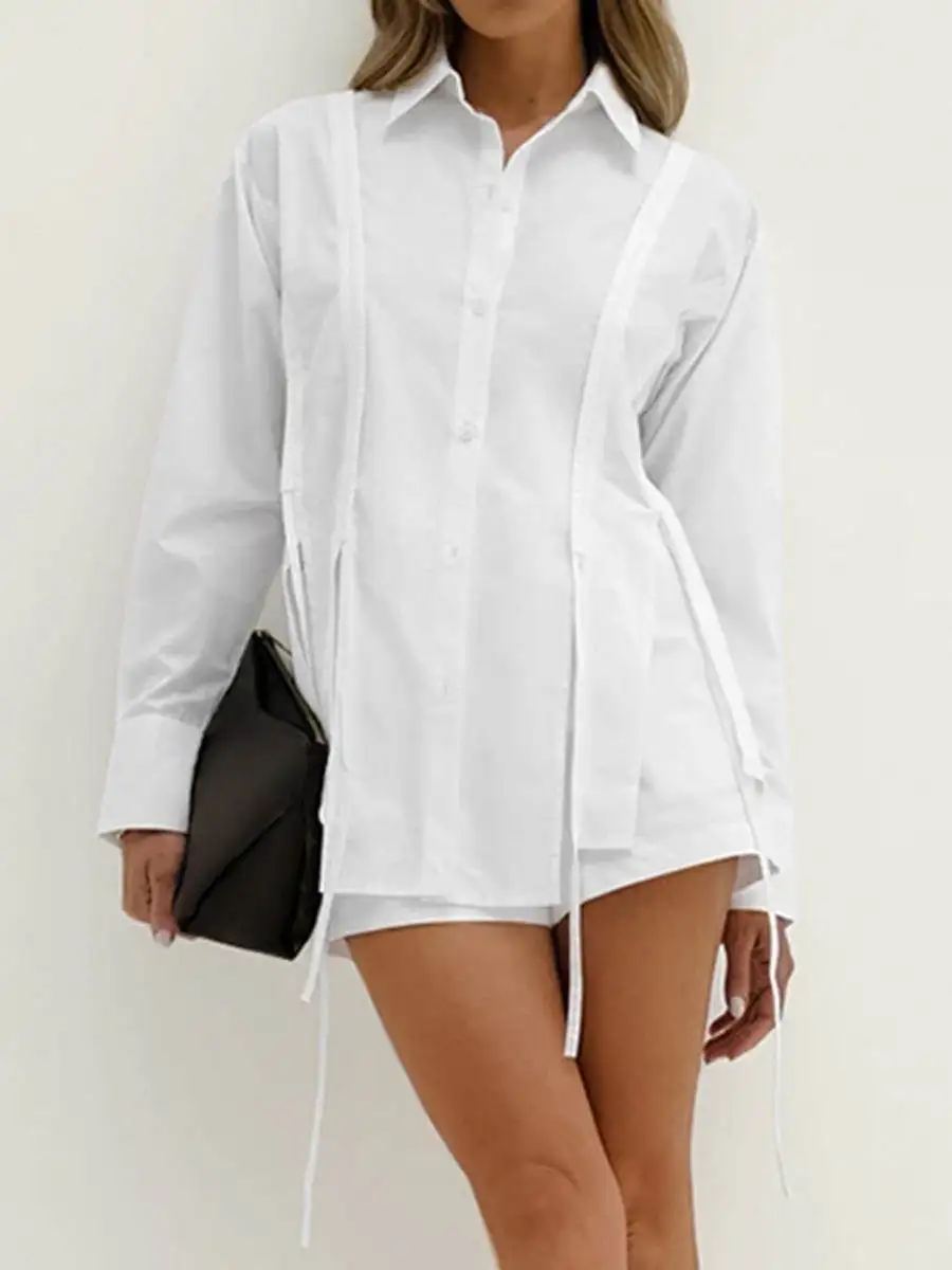 Conjunto casual de pantalones calientes elásticos de manga larga atados con cuello francés 2025 Confort moda de verano europea y americana nuevo conjunto de dos piezas