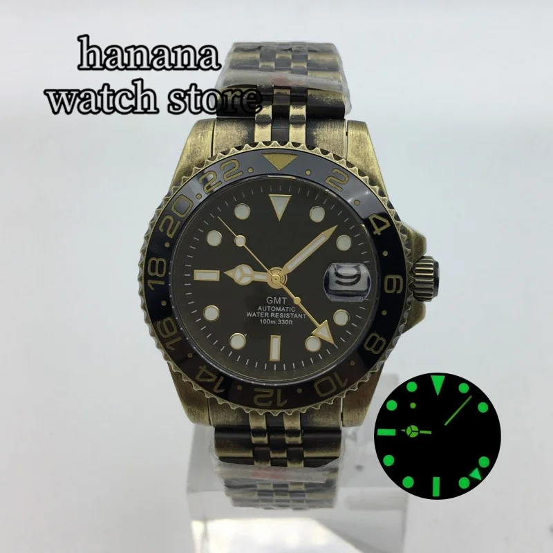 

BLIGER Bronze 40mm NH34 GMT Unique Men's Mechanical Watch Sapphire Glass Black dial Ceramic bezel Green glow