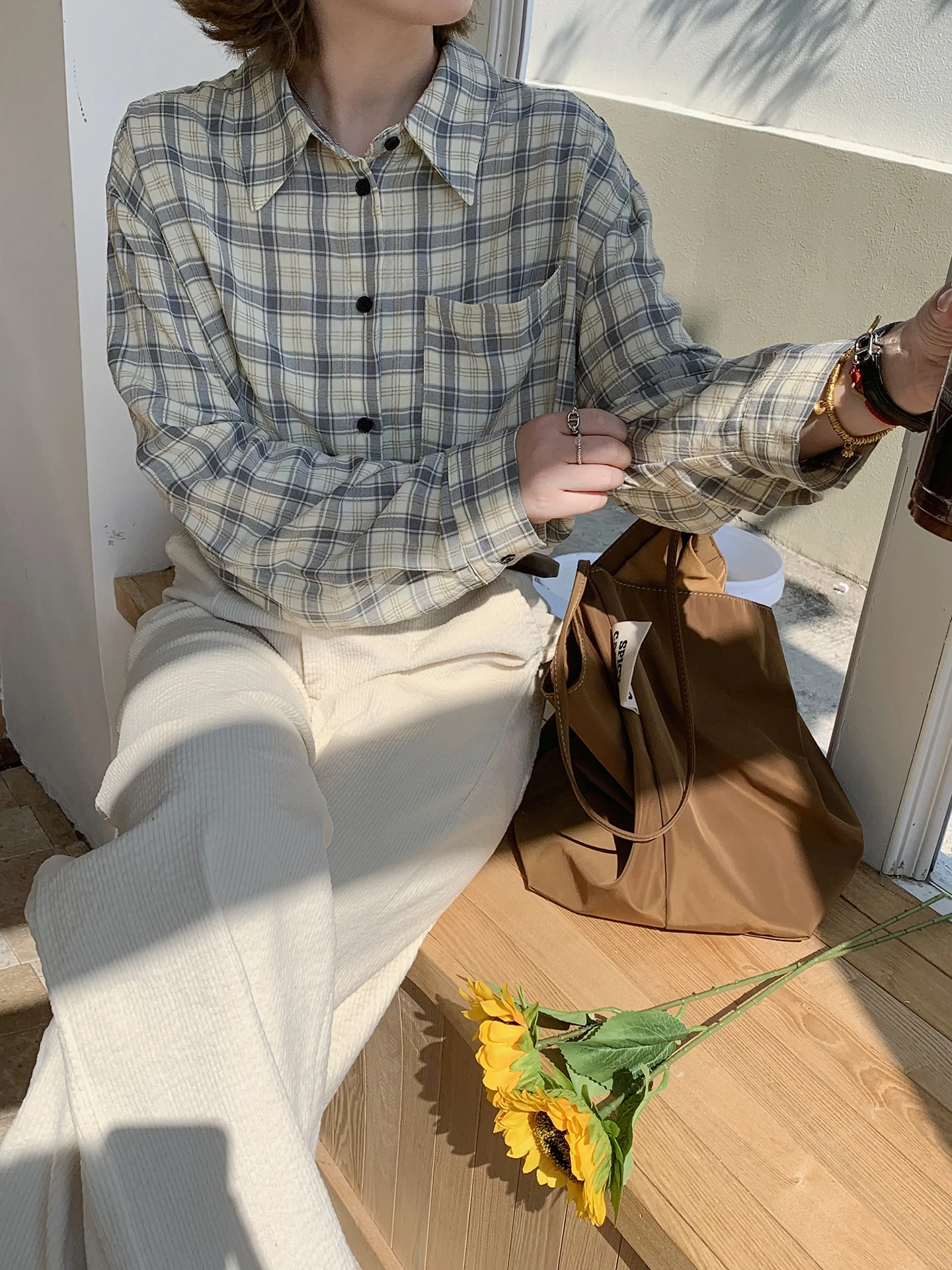 

ELINSU Винтажная клетчатая повседневная свободная женская рубашка с длинным рукавом, весна-осень, новая модель, универсальная, удобная, дышащая, модная