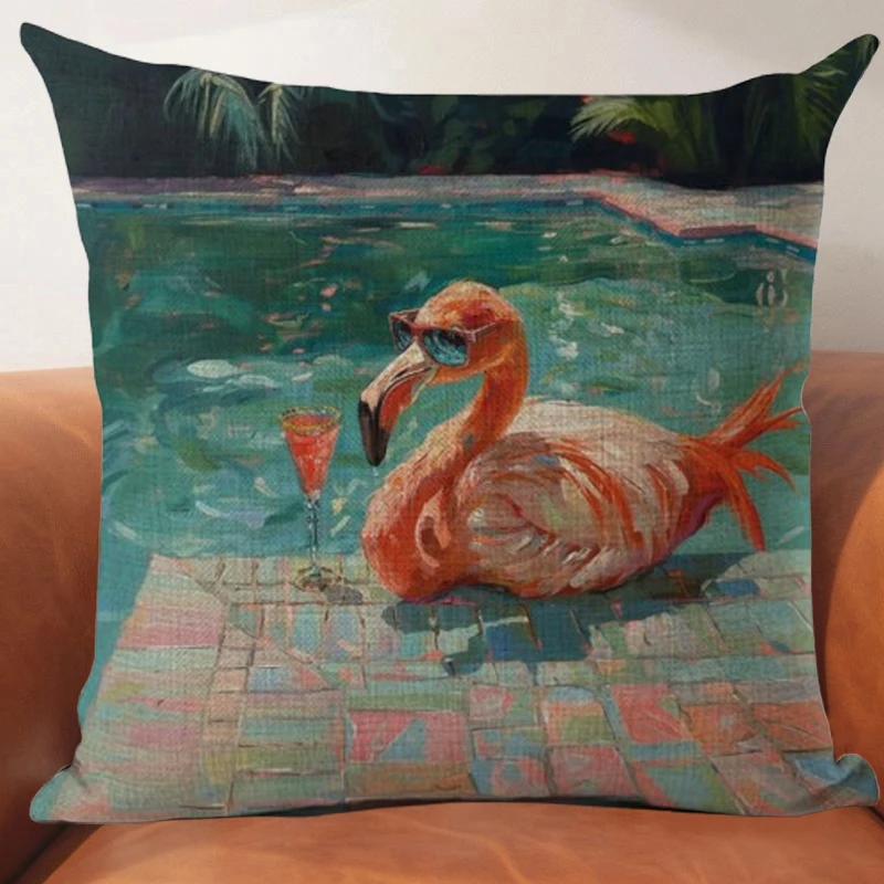 Pink Flamingo Pattern Cushion Cover Summer Style Flamingo Design Printed Short Plush Pillow Cover Home Decoration Throw Pillows