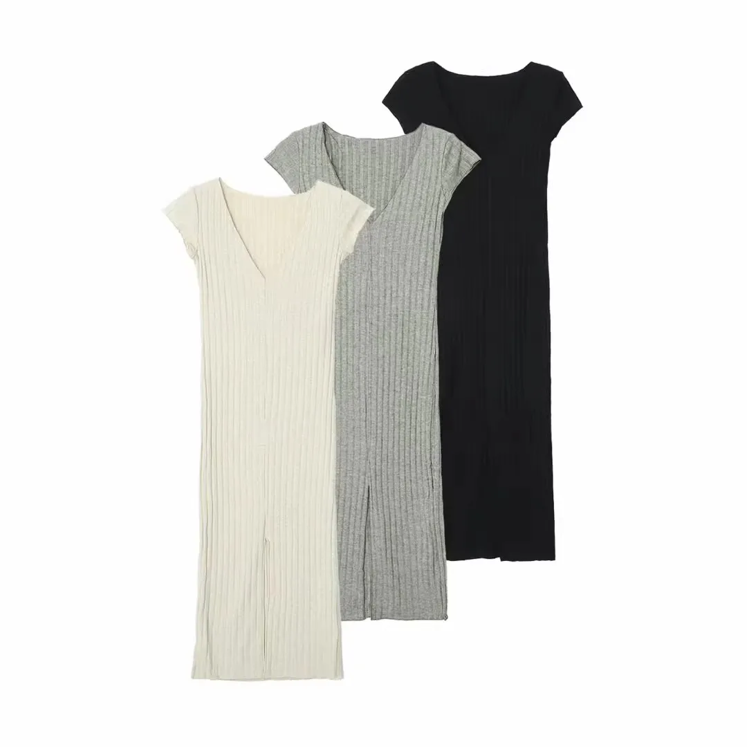 

New Arrival V-Neck Long Knitted Midi Dress Elegant Women's Fashion Jiangsu Warehouse Shipping A-Line High Waist Summer Dress