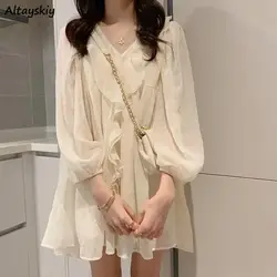 Long Sleeve Dress Women Solid Elegant Princess Ruffles V-neck Ins Femme Basic Design Mini Popular Spring Chic Hot Sale Ulzzang