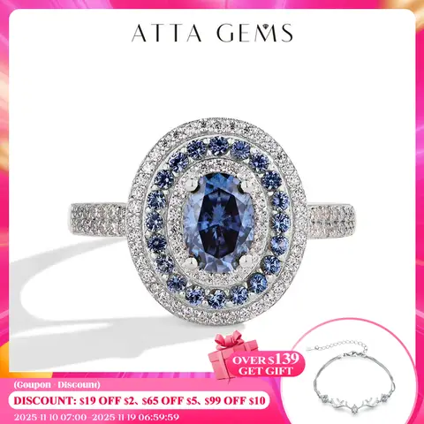 ATTAGEMS Blue Moissanite Women Rings Oval Cut 1.0CT Real S925 Sterling Silver Jewelry For Wedding Engagement Ring With Certified