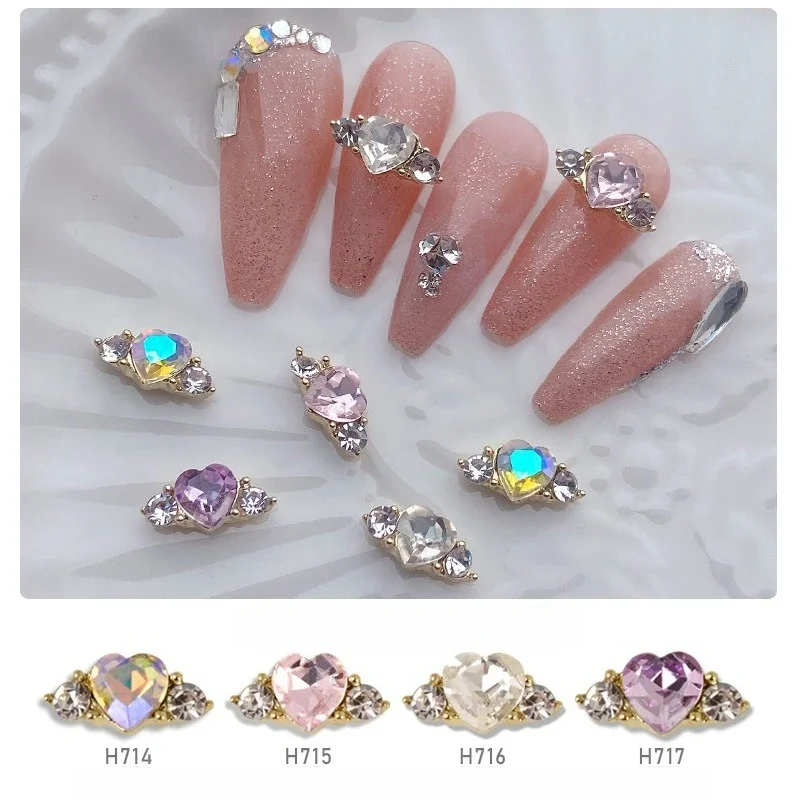 1Pc New Trendy Heart Stacked Nail Charms, finished 3D metal crystal peach heart rhinestone ring manicure decorations