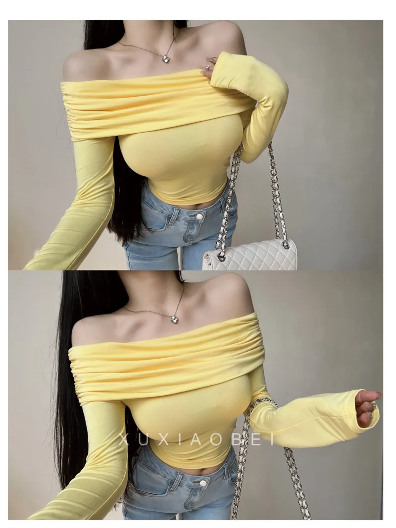 Shoulder Long Sleeved One T-shirt For Sexy Tight Fitting Women, High-end Beautiful Off Shoulder Top Women Tshirt Tees Sweet G12T