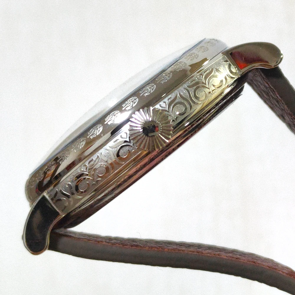 Mechanical Watch in Arabic Style Stainless Steel Watch Case Manual Chain Adjustment Large Case 45mm Camel Leather Strap