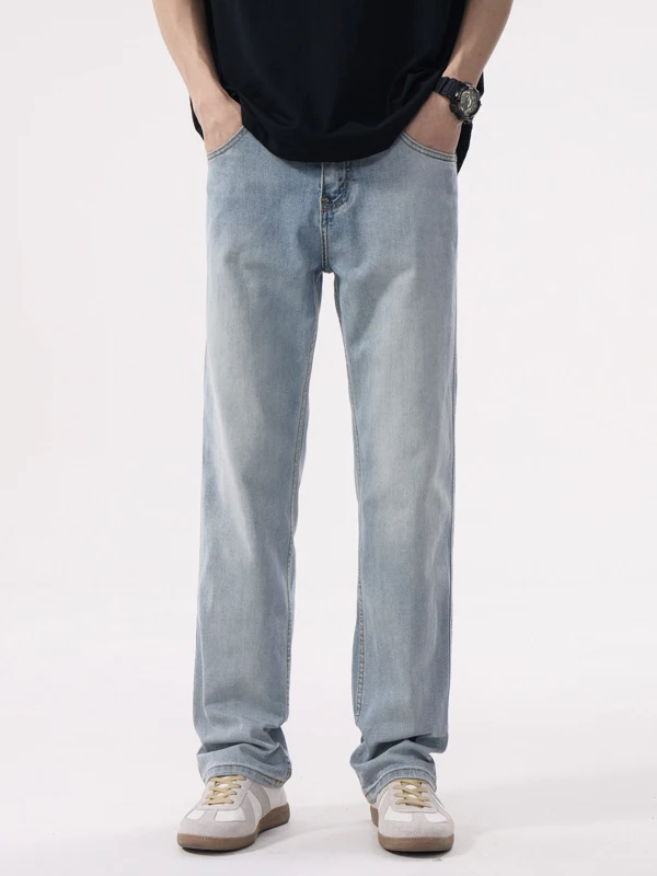 

Retro Loose Straight Leg Men's Jeans Casual Spring Autumn Light Blue Simple Versatile Long Trousers Comfortable Cotton Denim