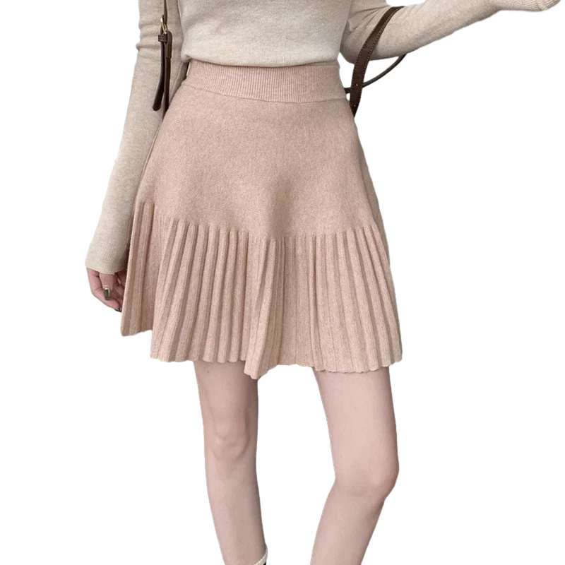 Women\'s Skirt Autumn Winter Korean Version Solid Colour High Waist Sweet Casual Fashion Knitted A Line Pleated Skirt