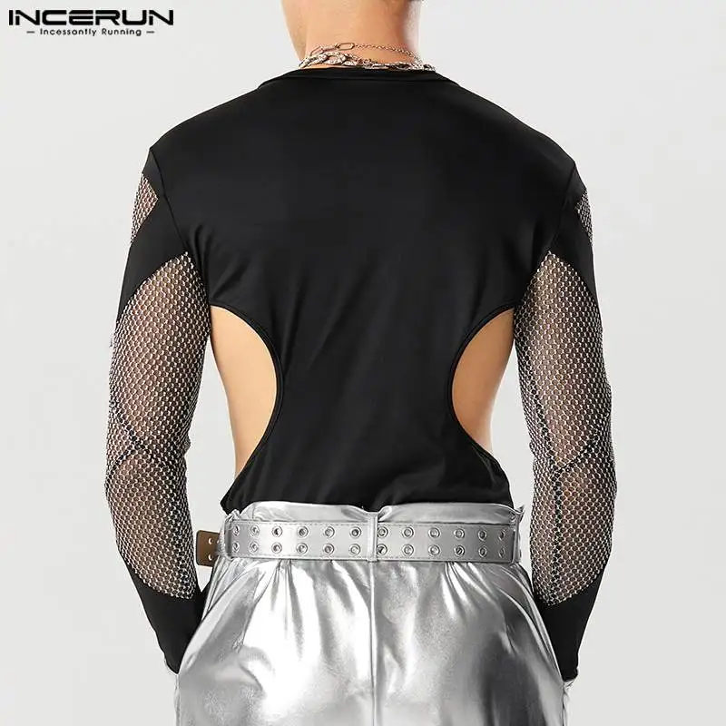 INCERUN Men Bodysuits Mesh Patchwork Transparent 2024 Hollow Out Rompers T Shirt Men Gloves O-neck Long Sleeve Bodysuit S-5XL