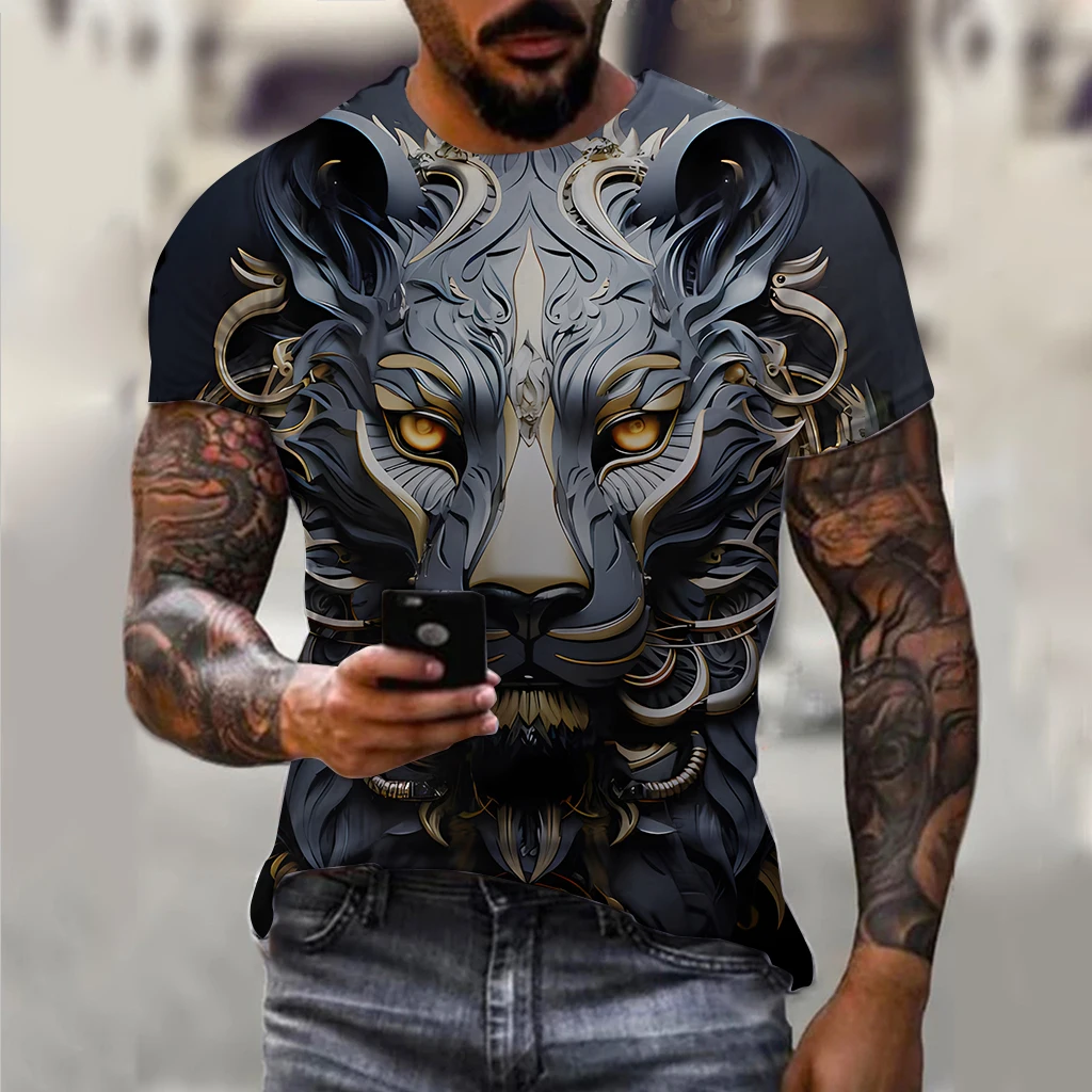 Men's T-shirt Fashion Dark Gold Totem Lion pattern 3d Printed T Shirt 2024 New Animal Short-sleeved Streetwear Summer Men's Tops image 5