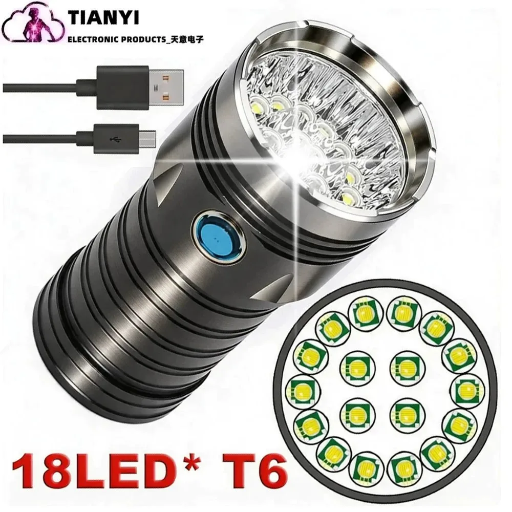 High-Power T6 Flashlight 18 LED Bright Lights USB Rechargeable with 4 X 18650 Li-ion Batteries Aluminum Alloy Waterproof