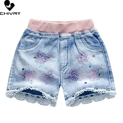 Desenhos animados das meninas do bebê bordados denim shorts, jeans casual bonito, atado calças curtas, roupas de verão, novo, 2022