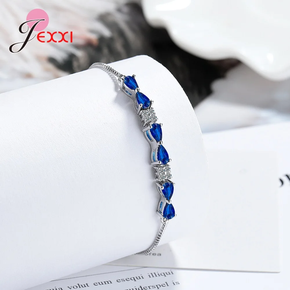 Luxury Genuine 925 Sterling Silver Charm Bracelet Sparkling Blue Bow Shaped Crystal Charms for Lady Weeding Party Jewelry Gift