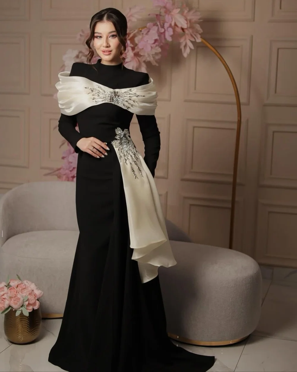 

Customized Simple Jersey Sequined Pattern Trumpet High Collar Bespoke Occasion Evening Dresses High Quality