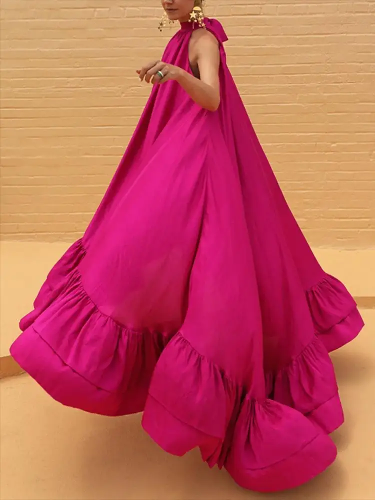 Yeezzi 2025 New Fashion Elegant Party Evening Maxi Dresses For Women Summer Sleeveless Loose Stand Collar Falbala Prom Gown